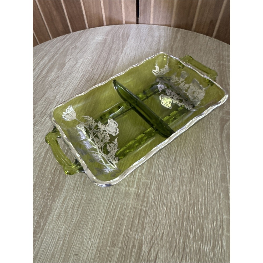 Vintage Silver City Glass Co Flanders Poppy Overlay On Avocado Green Relish Dish